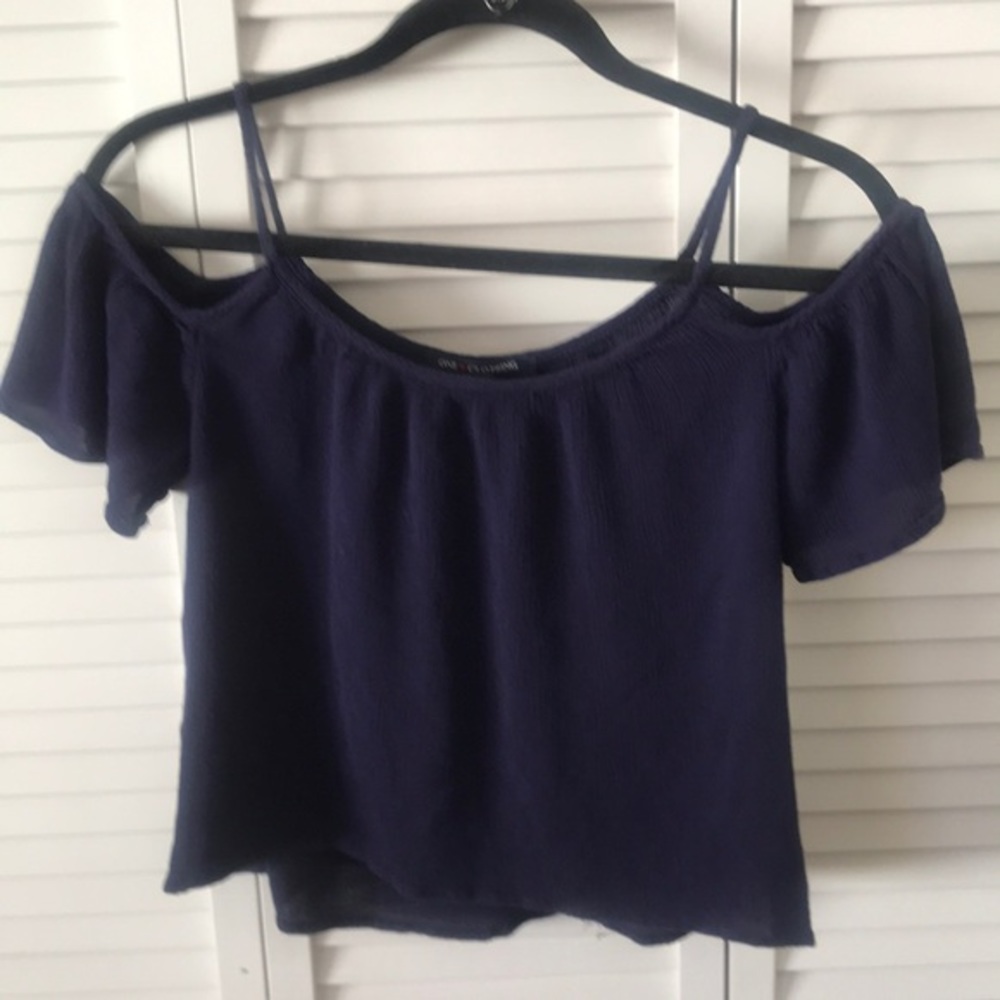 COLD SHOULDER, navy blue, spaghetti strap, size XS, blouse, drapes beautifully